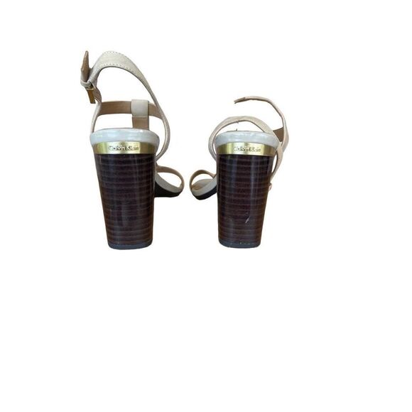 Calvin Klein Womens Cream Leather Open Toe T Strap Block Heel Sandal Size 40 - Picture 4 of 8